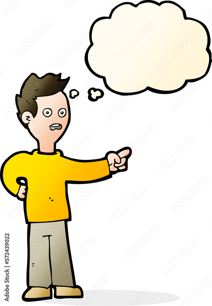 cartoon shocked boy pointing with thought bubble cartoon shocked boy pointing with thought bubble