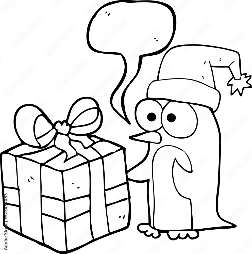 speech bubble cartoon christmas penguin with present