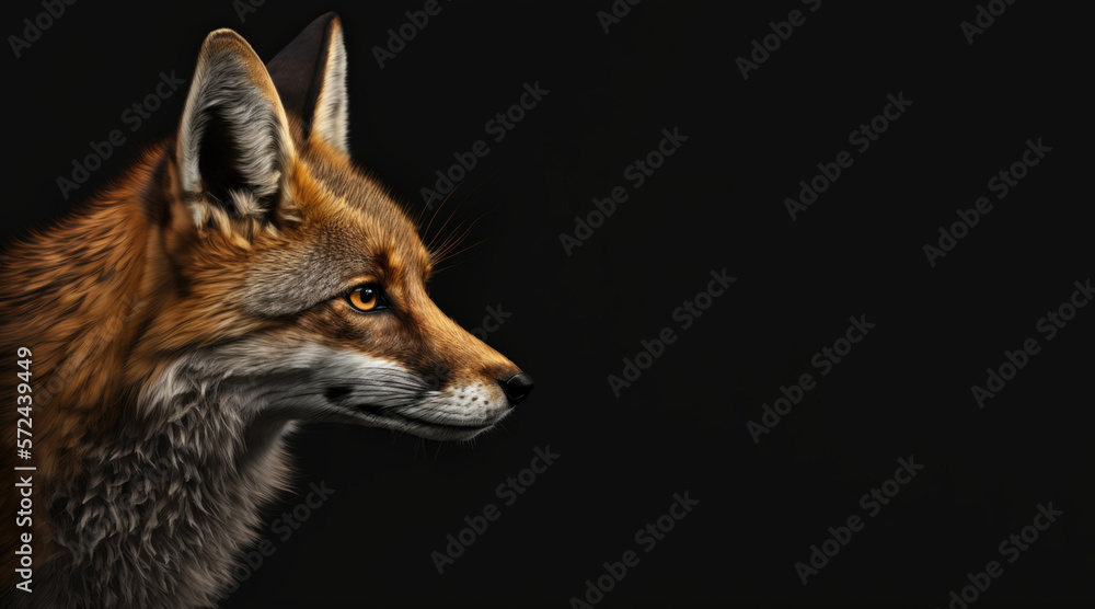 Fototapeta premium portrait of a red fox, photo studio set up with key light, isolated with black background and copy space - generative ai