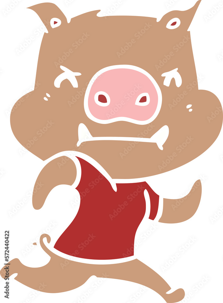 Fototapeta premium angry flat color style cartoon pig running