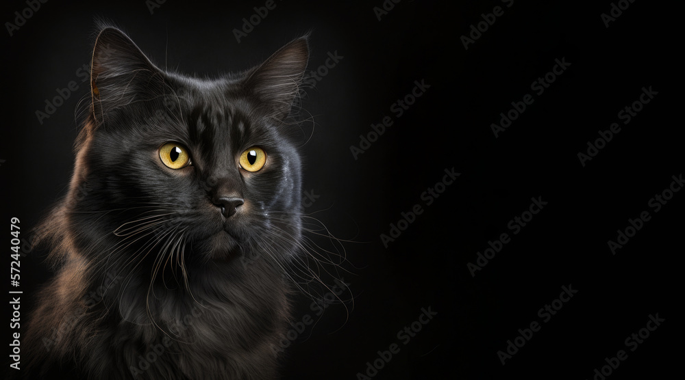 portrait of a black cat, photo studio set up with key light, isolated with black background and copy space - generative ai