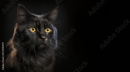 portrait of a black cat, photo studio set up with key light, isolated with black background and copy space - generative ai