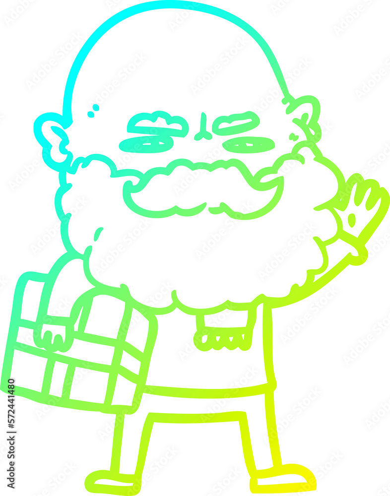 cold gradient line drawing cartoon man with beard frowning with xmas gift cold gradient line drawing cartoon man with beard frowning with xmas gift