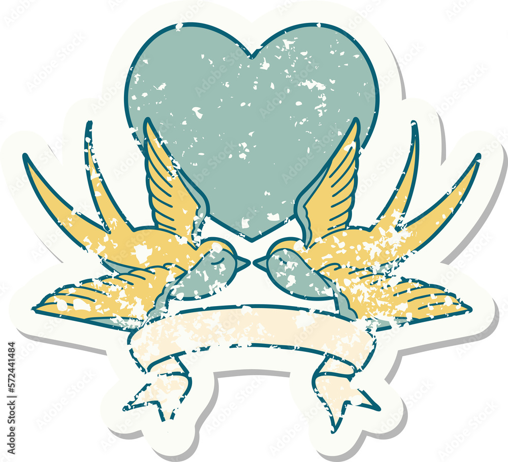 grunge sticker with banner of a swallows and a heart