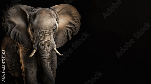 portrait of a elephant photo studio set up with key light, isolated with black background and copy space - generative ai © Cristiano Venti