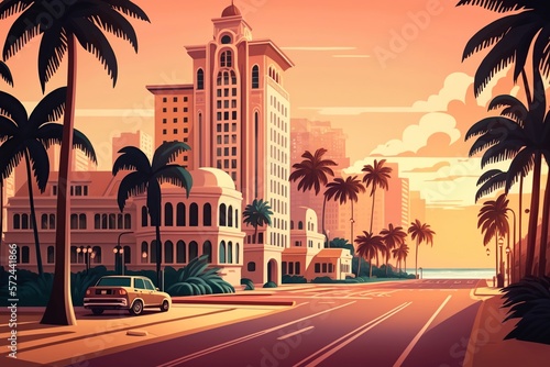 cartoon illustration, street in miami with hotels, sandy beach and palm trees, ai generative © Jorge Ferreiro