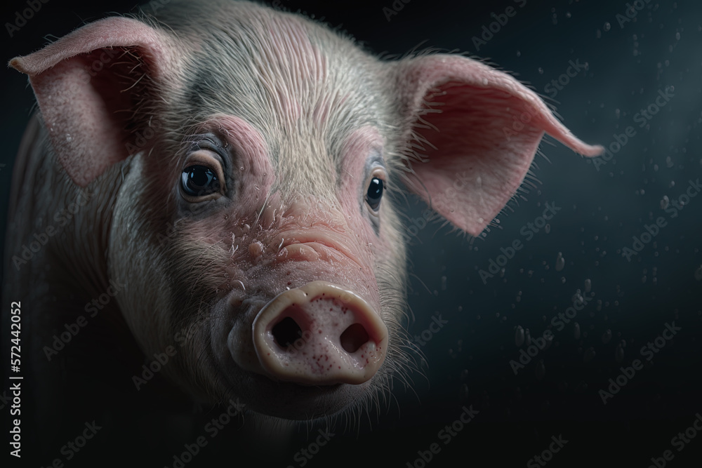 Portrait of a sad looking pig on dark background. Generative ai Portrait of a sad looking pig on dark background. Generative ai