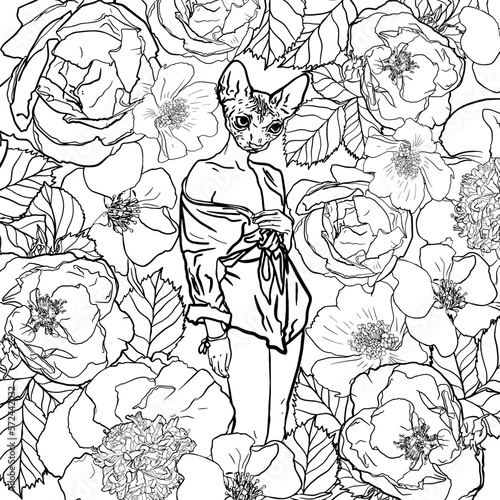 Antistress coloring page. Fashionable cat girl in a blouse and shorts posing in blooming flowers. Sphinx cat head. Isolated on white. For coloring, print, package, cards, designer, clothes, logo, icon