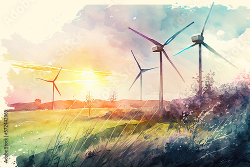 Watercolor paperwork windturbines on the meadow. Generative AI