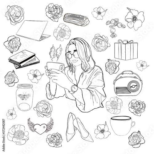 Antistress coloring page. Set of icons isolated on white. Girl in glasses and wrist watch  cup of tea or coffee  laptop  candies  flowers and more. For coloring  tattoo  print  package  card  designer