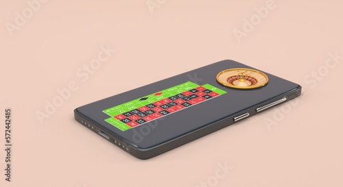 roulette wheel with wood and gold accents on top of a cell phone (3d illustration)