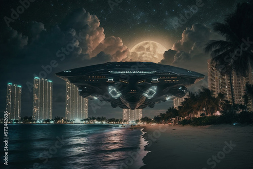 Fototapeta Naklejka Na Ścianę i Meble -  giant alien spaceship over a beach - generative AI