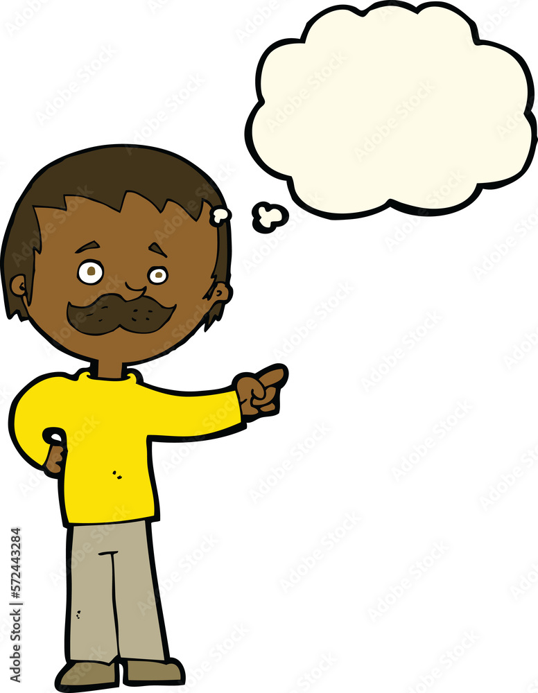 cartoon man with mustache pointing with thought bubble cartoon man with mustache pointing with thought bubble
