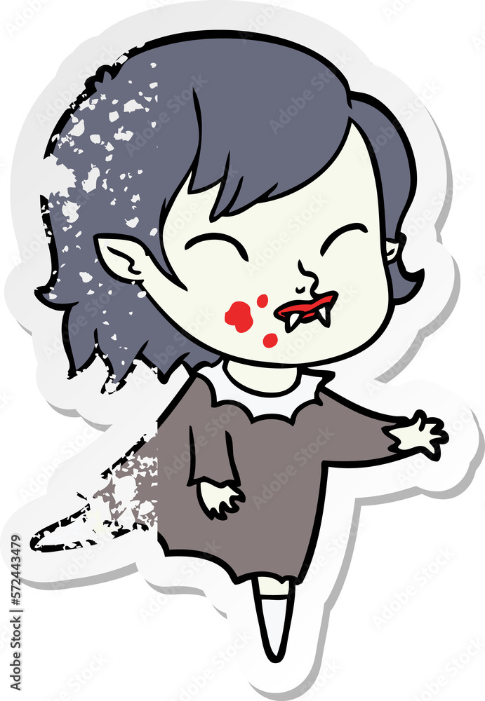 distressed sticker of a cartoon vampire girl with blood on cheek distressed sticker of a cartoon vampire girl with blood on cheek