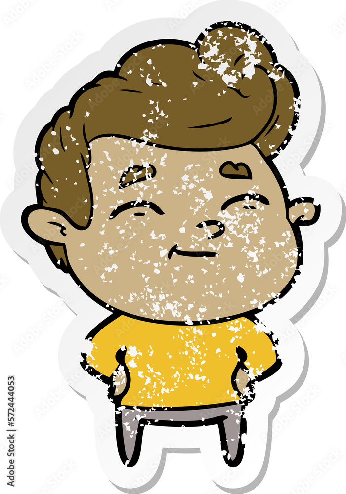 distressed sticker of a happy cartoon man distressed sticker of a happy cartoon man