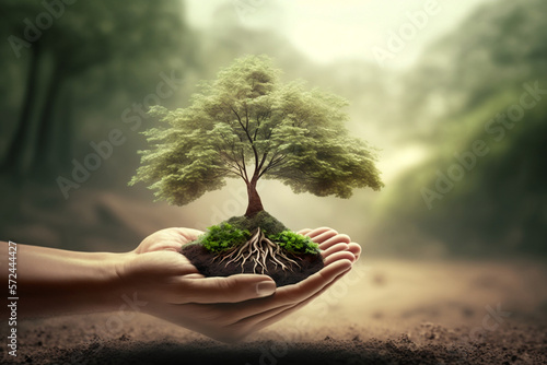 Trees are planted on the ground by human hands with natural green backgrounds, the concept of plant growth, and environmental protection.