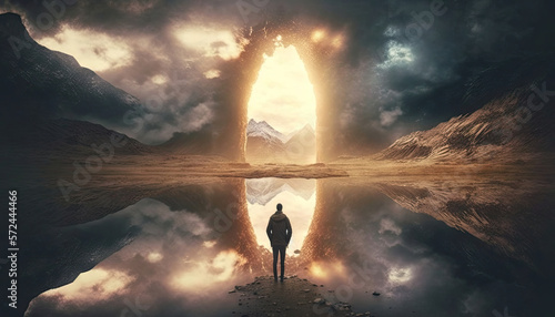 man in front of a luminous gate to another world  illustration