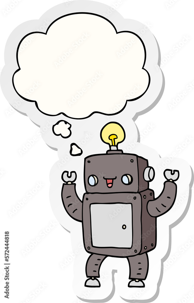 Naklejka premium cartoon happy robot and thought bubble as a printed sticker