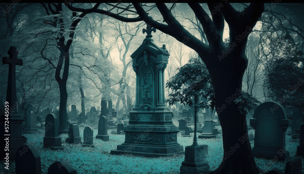 gloomy view of a beautifully decorated tomb in a cemetery surrounded by trees gloomy view of a beautifully decorated tomb in a cemetery surrounded by trees