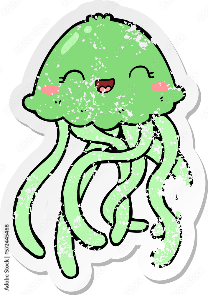 Obraz premium distressed sticker of a cute cartoon jellyfish