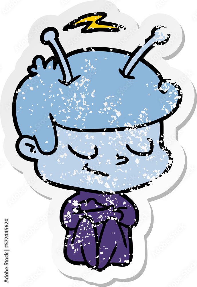 distressed sticker of a friendly cartoon spaceman distressed sticker of a friendly cartoon spaceman