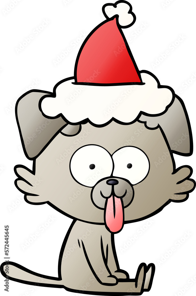 gradient cartoon of a sitting dog with tongue sticking out wearing santa hat