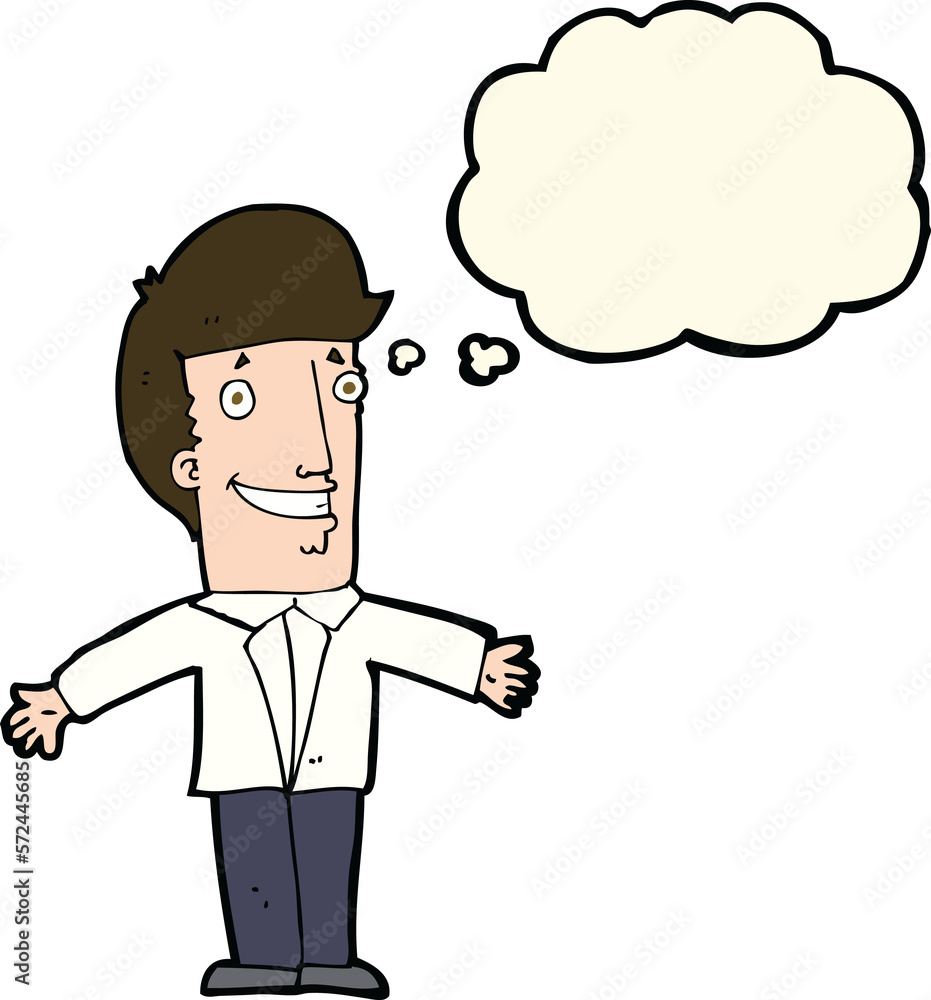 cartoon grining man with open arms with thought bubble cartoon grining man with open arms with thought bubble