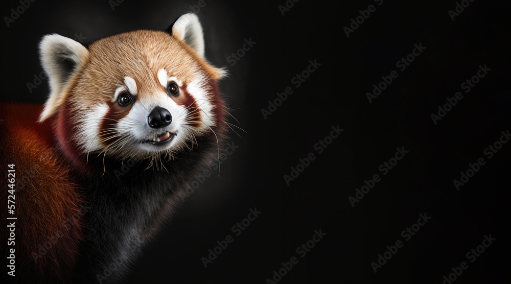 portrait of a happy smiling red panda bear, photo studio set up with key light, isolated with black background and copy space - generative ai portrait of a happy smiling red panda bear, photo studio set up with key light, isolated with black background and copy space - generative ai