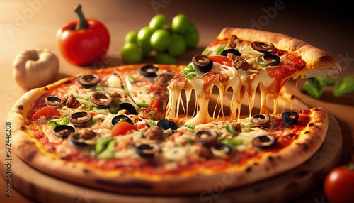 hot Pizza lifted slice, with olives, tomatoes, and peppers. Generative AI