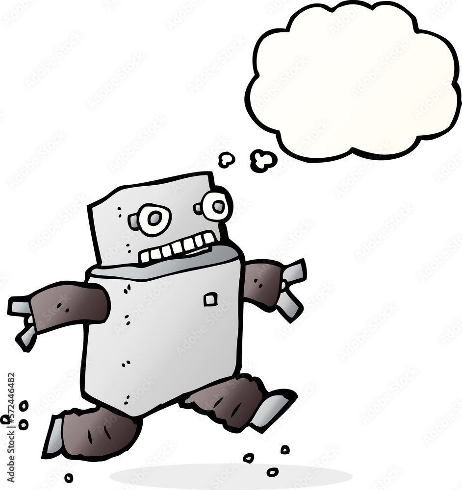 cartoon running robot with thought bubble cartoon running robot with thought bubble
