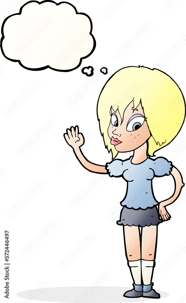 cartoon pretty woman waving with thought bubble cartoon pretty woman waving with thought bubble
