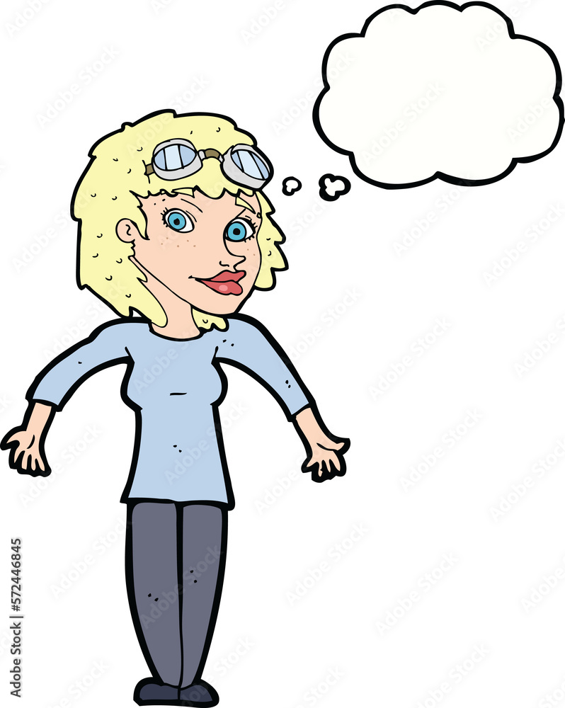 cartoon woman wearing goggles with thought bubble cartoon woman wearing goggles with thought bubble