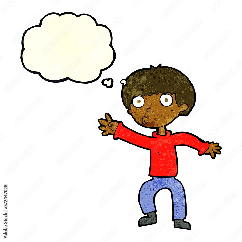 cartoon boy waving warning with thought bubble cartoon boy waving warning with thought bubble