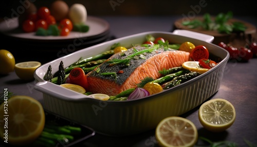 Baked salmon garnished with asparagus and tomatoes with herbs, wooden table. Generative AI