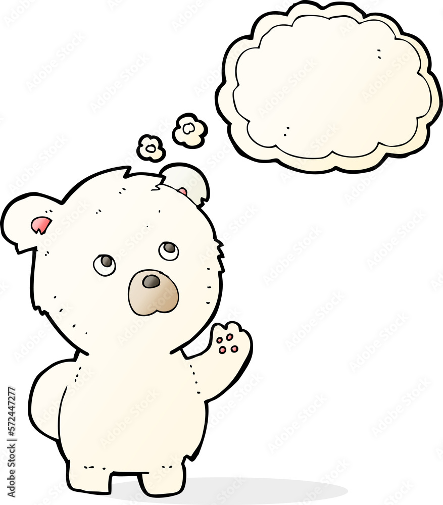 cartoon waving polar bear with thought bubble