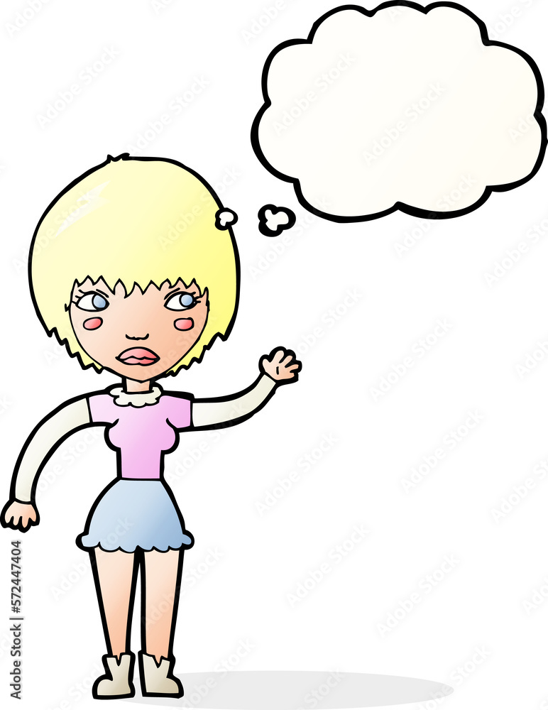 cartoon waving woman with thought bubble cartoon waving woman with thought bubble