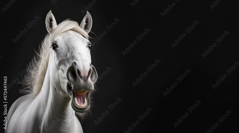 portrait of a smiling happy white horse, photo studio set up with key light, isolated with black background and copy space - generative ai