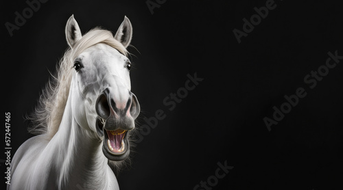 portrait of a smiling happy white horse, photo studio set up with key light, isolated with black background and copy space - generative ai