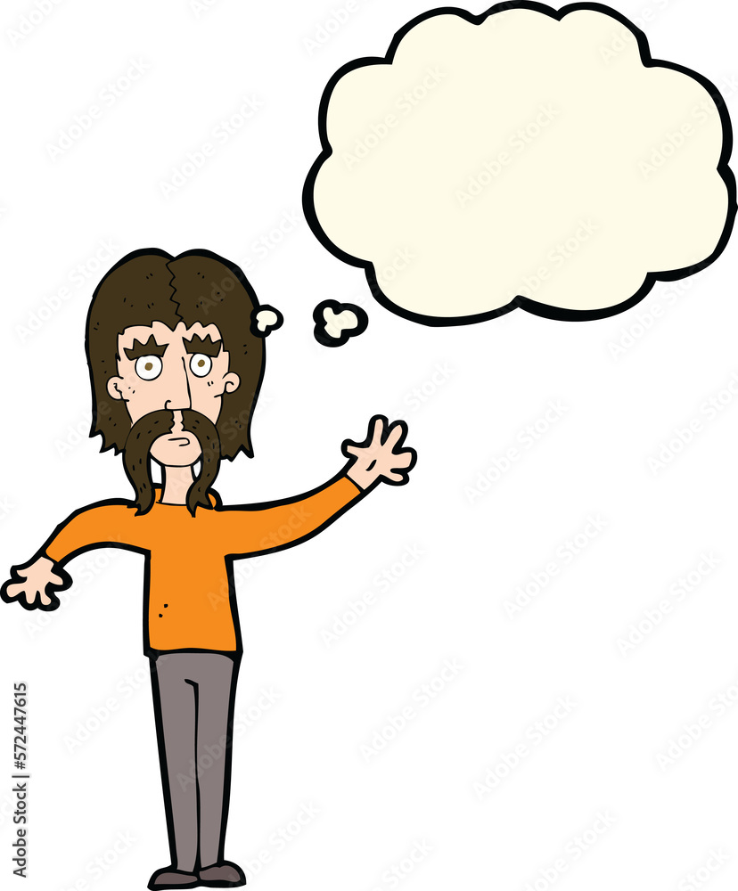 cartoon waving man with mustache with thought bubble