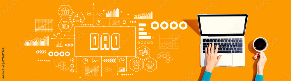 DAO- Decentralized Autonomous Organization theme with person using a laptop computer DAO- Decentralized Autonomous Organization theme with person using a laptop computer