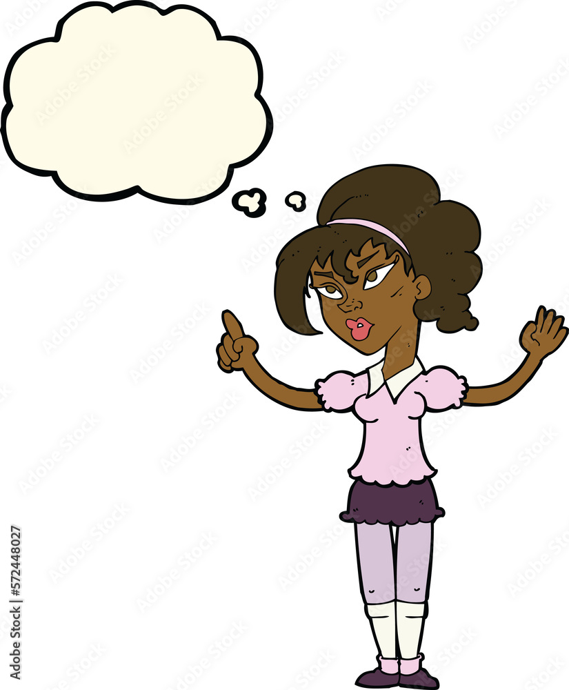 cartoon woman with idea with thought bubble cartoon woman with idea with thought bubble