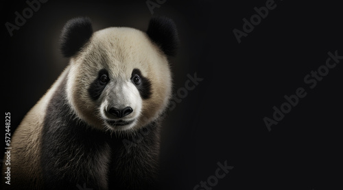 portrait of a panda bear, photo studio set up with key light, isolated with black background and copy space - generative ai