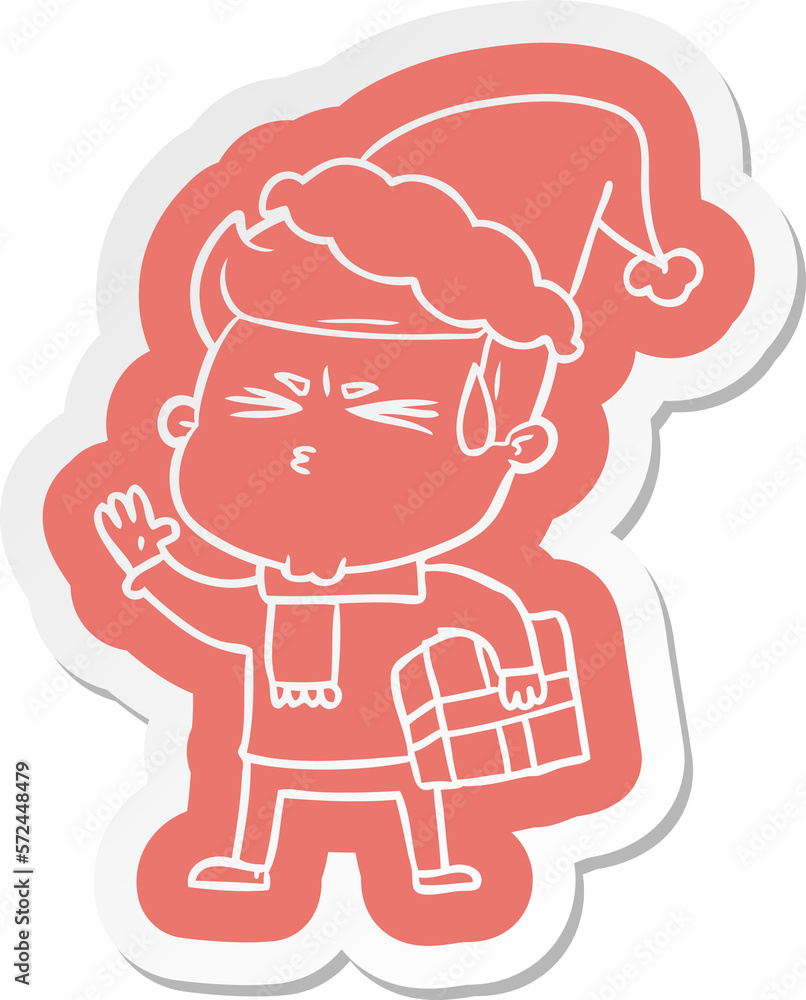 cartoon  sticker of a man sweating wearing santa hat