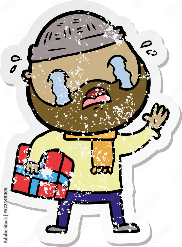 Fototapeta premium distressed sticker of a cartoon bearded man crying with christmas present