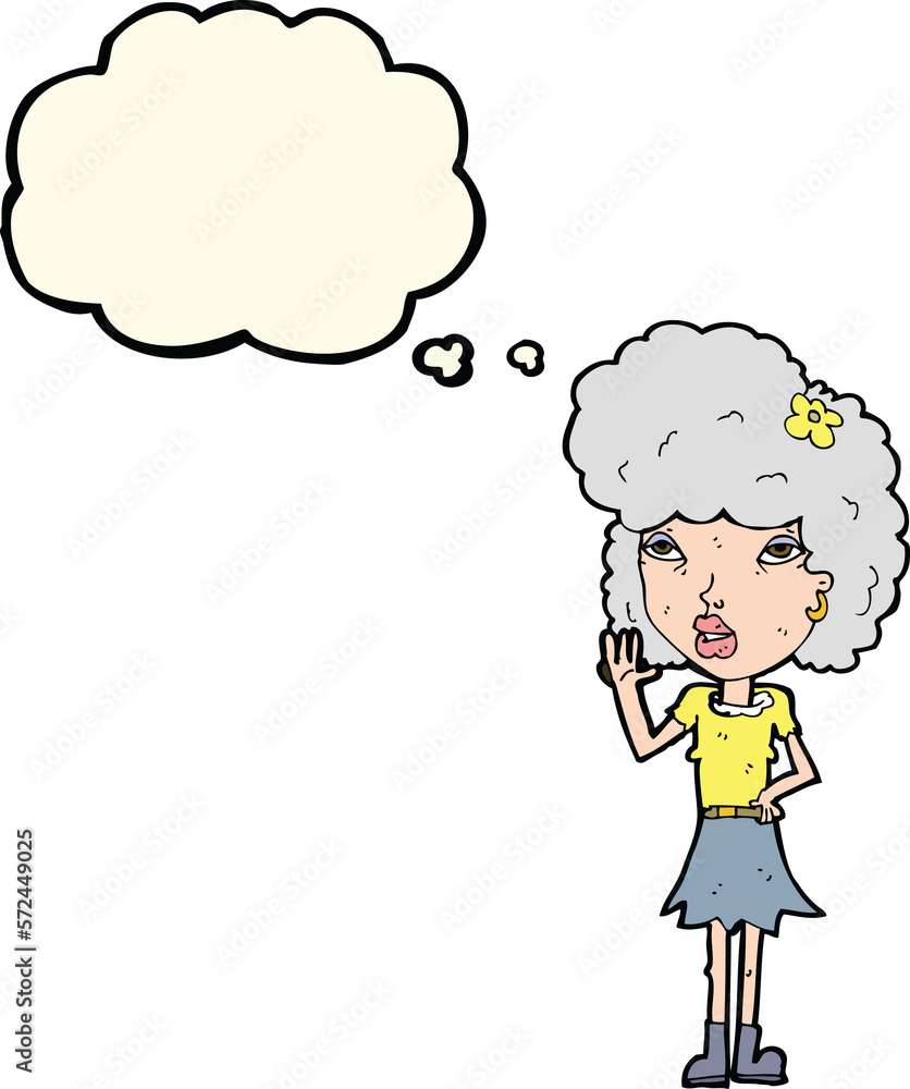cartoon woman waving with thought bubble cartoon woman waving with thought bubble