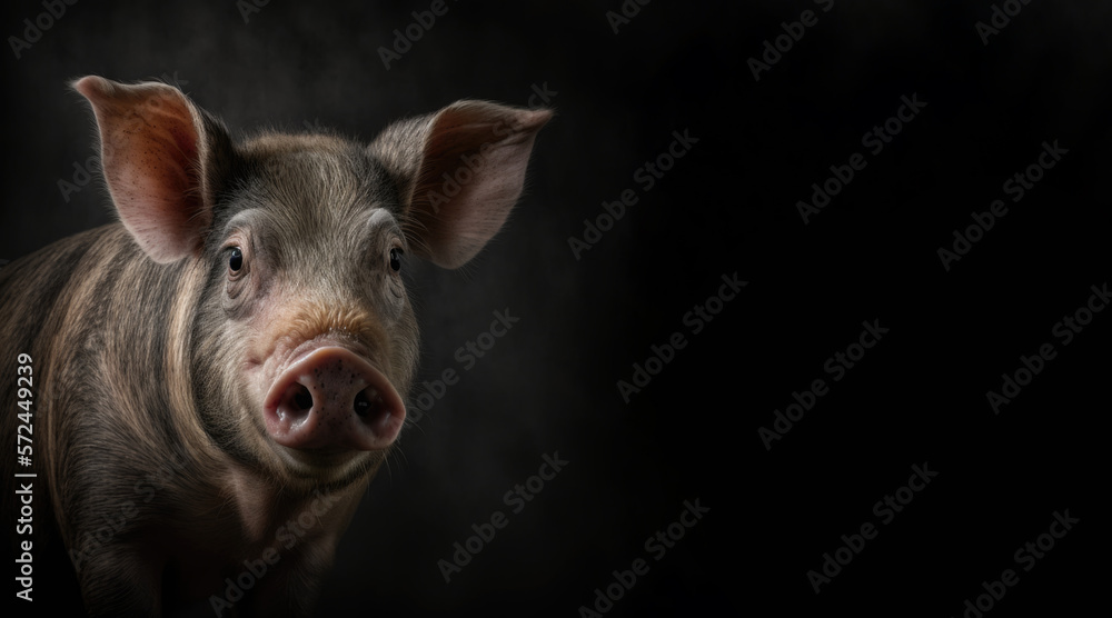 portrait of a pig, photo studio set up with key light, isolated with black background and copy space - generative ai portrait of a pig, photo studio set up with key light, isolated with black background and copy space - generative ai
