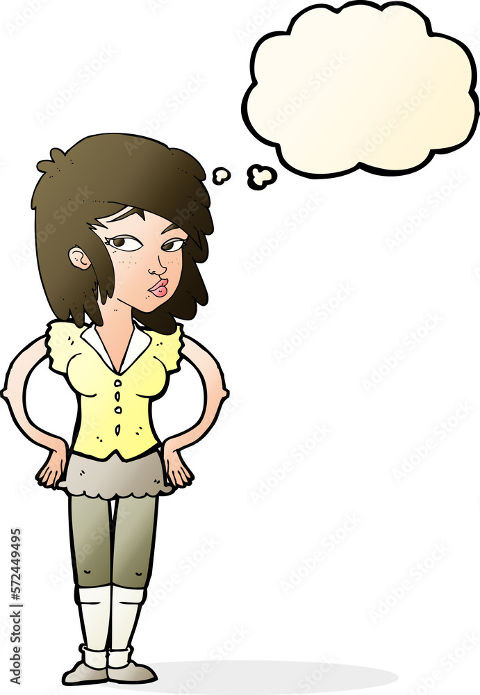 cartoon pretty woman with hands on hips with thought bubble cartoon pretty woman with hands on hips with thought bubble
