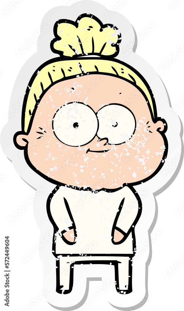 distressed sticker of a cartoon happy old woman distressed sticker of a cartoon happy old woman