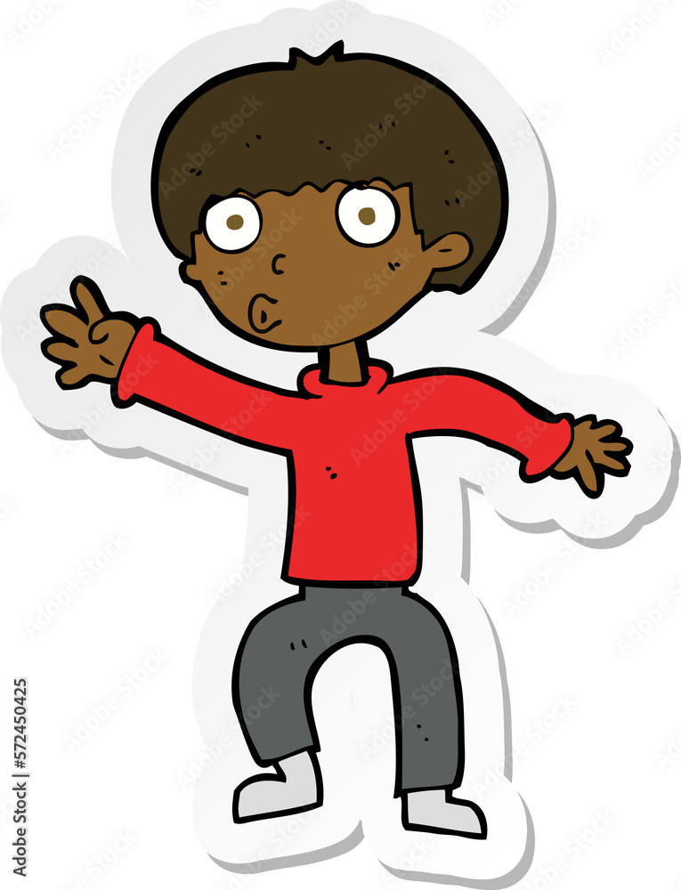 sticker of a cartoon boy waving warning sticker of a cartoon boy waving warning