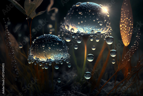 Abstract macro fantasy of dew or raindrops on forest plants in golden sunlight, generative ai